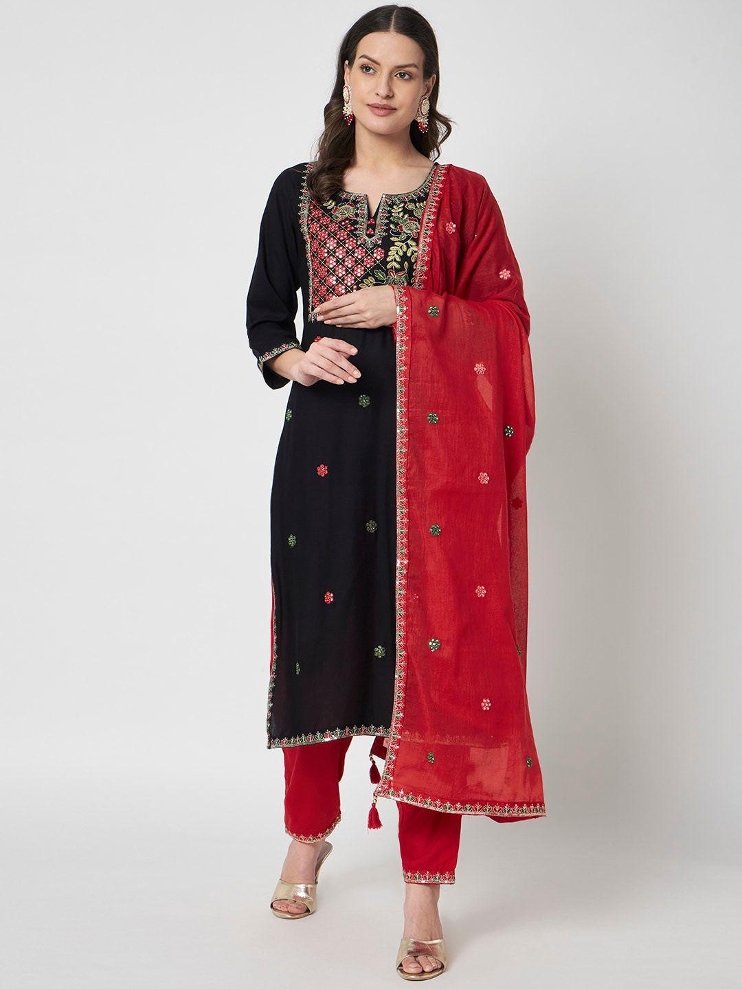 ikdaiya floral embroidered mirror work sequined kurta with trousers & dupatta