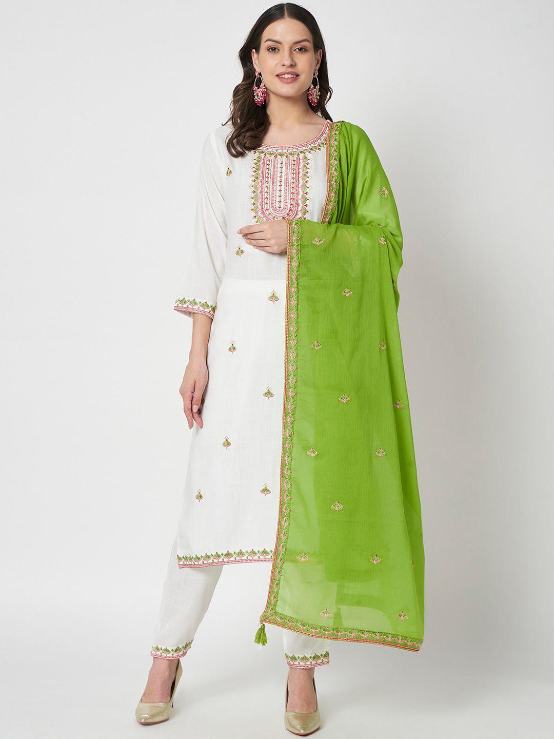 ikdaiya floral embroidered yoke design kurta with trousers & with dupatta