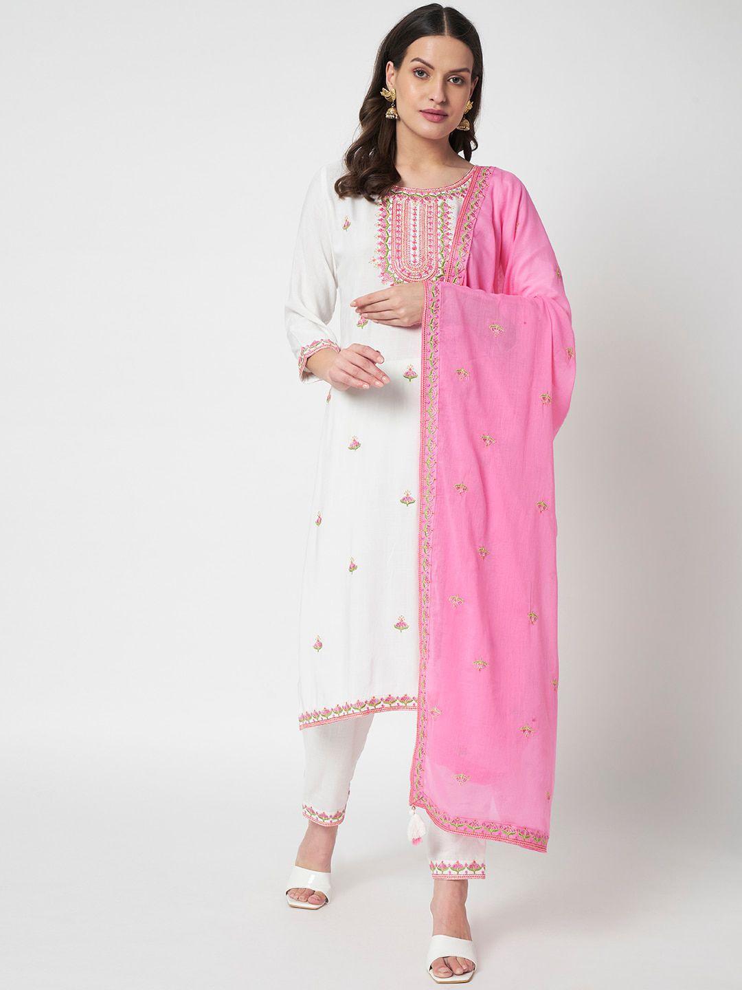 ikdaiya floral embroidered yoke design kurta with trousers & with dupatta