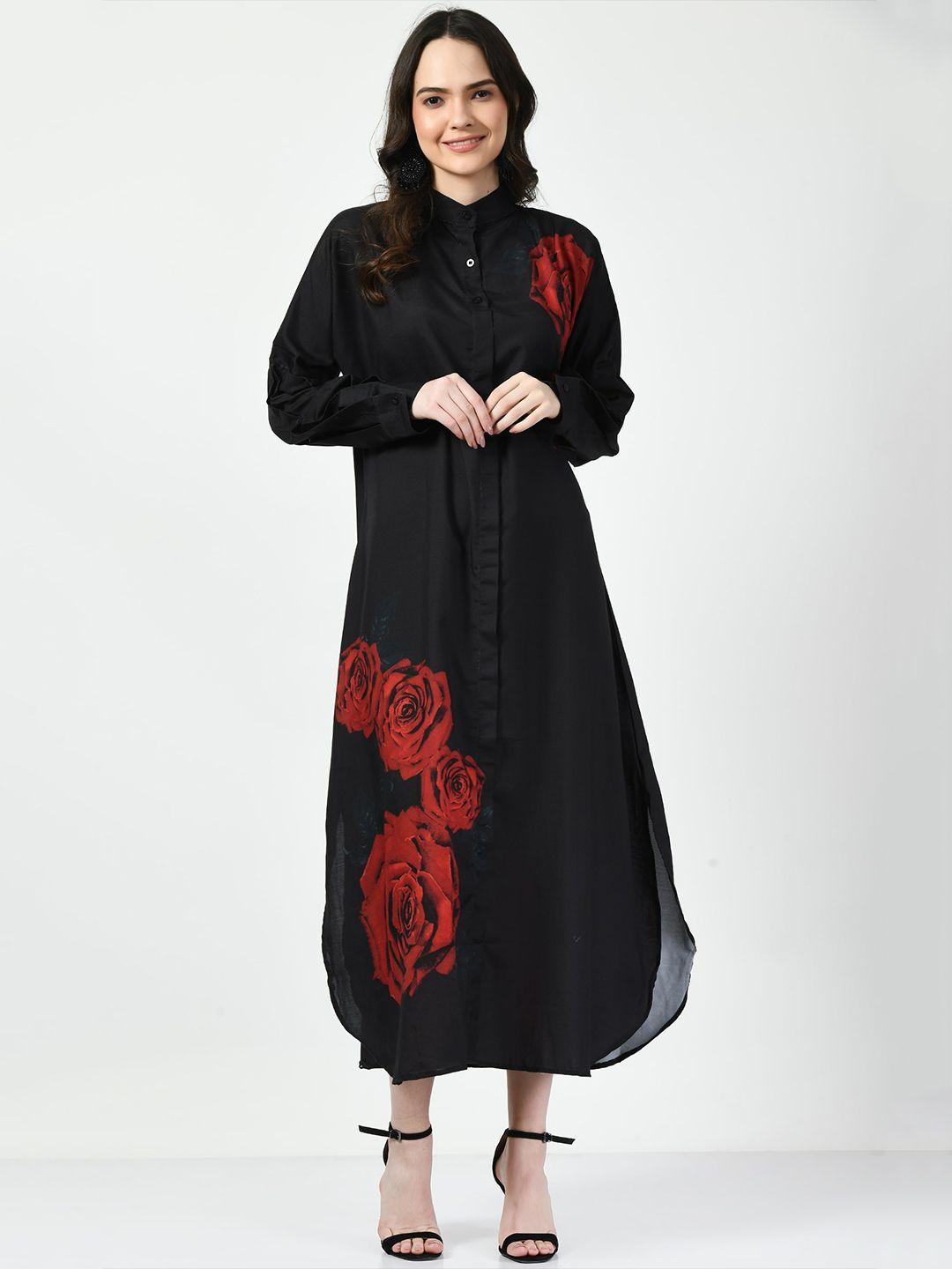 navvi floral printed mandarin collar puff sleeves shirt midi dress