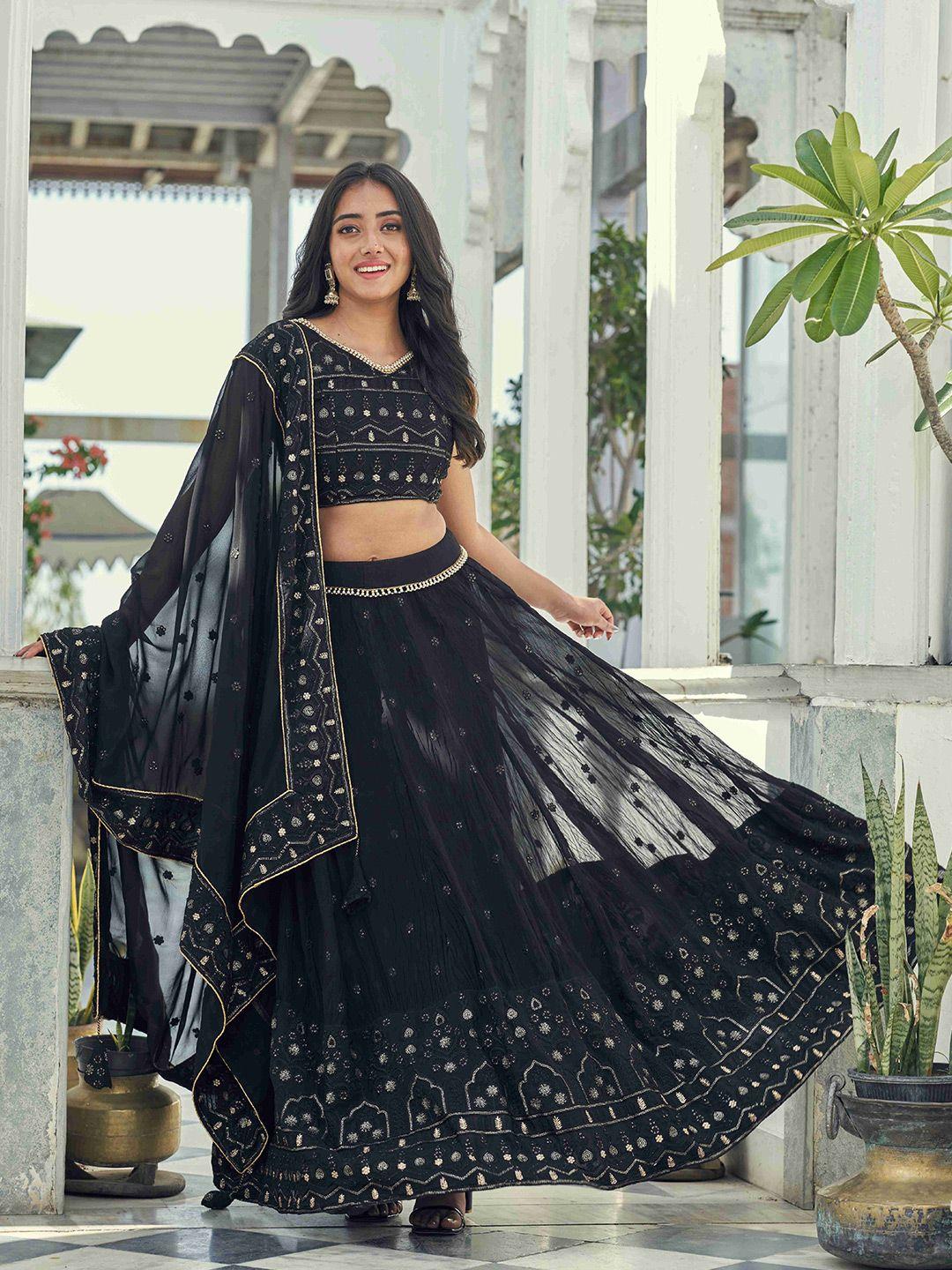 vidraa western store black embroidered sequinned ready to wear lehenga & blouse with dupatta