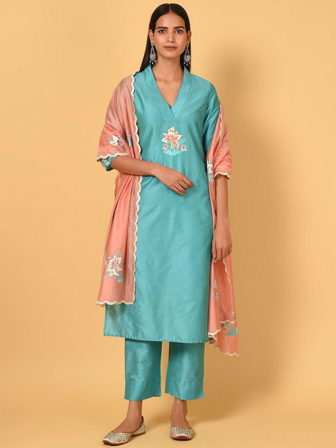 nuhh floral embroidered regular thread work kurta with trousers & dupatta