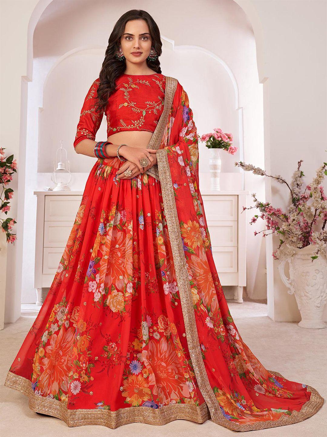 odette floral printed & embroidered semi-stitched lehenga & unstitched blouse with dupatta