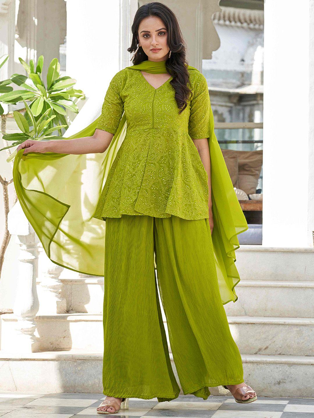 virah fashion women lime green ethnic motifs embroidered empire thread work top with palazzos & with dupatta