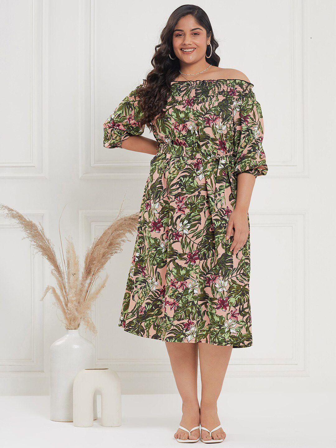 curve by kassually plus size nude & green tropical printed fit & flare midi dress