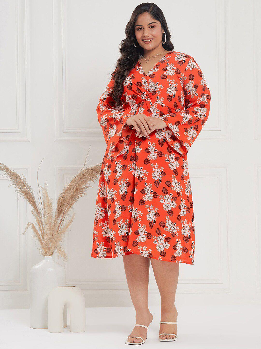 curve by kassually plus size orange & black floral printed pleated fit & flare midi dress