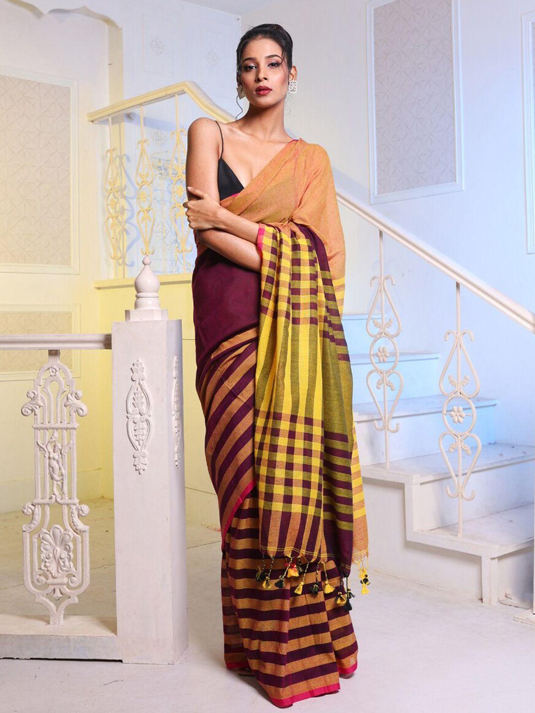 charukriti purple & yellow colourblocked pure cotton saree