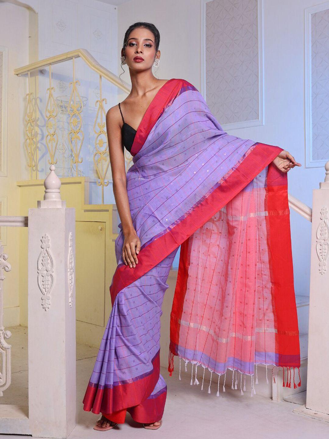 charukriti lavender & red embellished pure silk saree