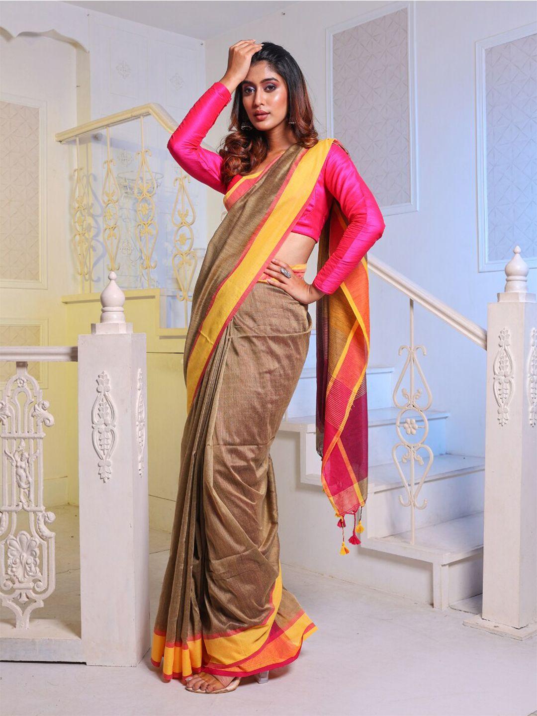 charukriti khaki & pink pure cotton saree