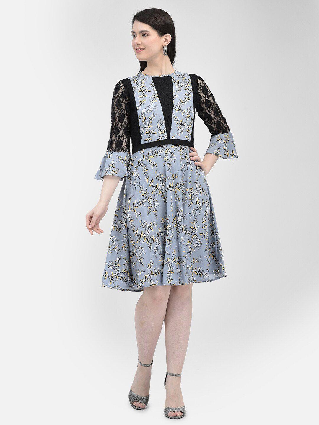 eavan floral printed bell sleeve lace inserts pure cotton fit & flare dress