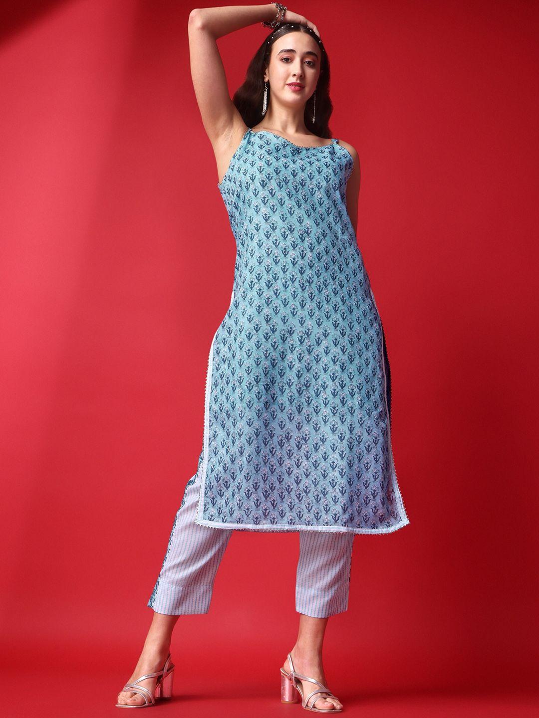 aspora women blue floral printed regular gotta patti pure cotton kurta with trousers & with dupatta