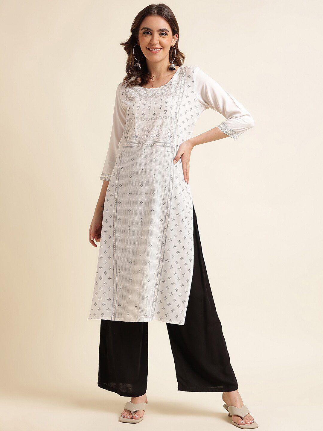 kasee women white & grey geometric embroidered kurta