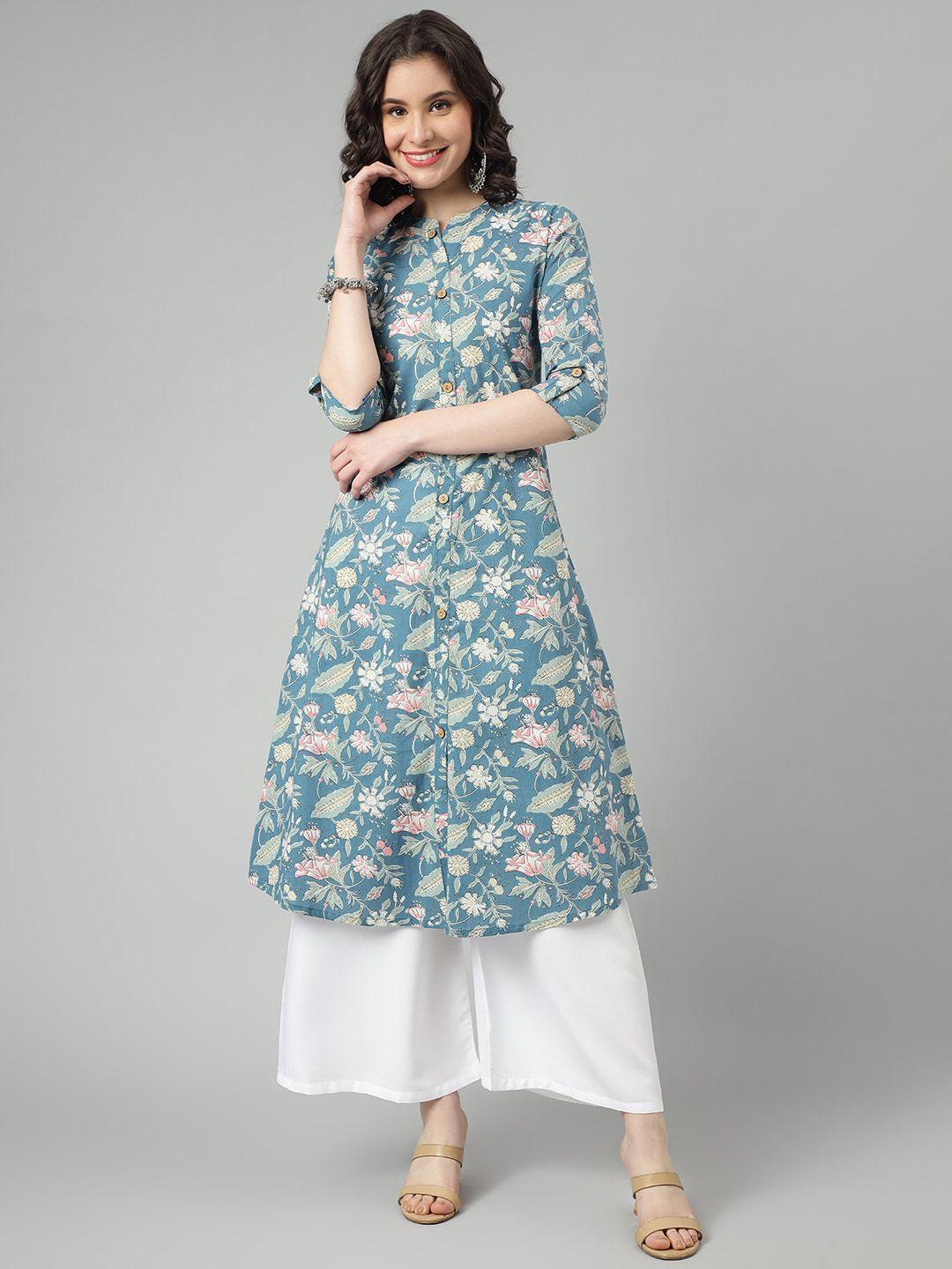 saabhi women blue printed thread work kurta