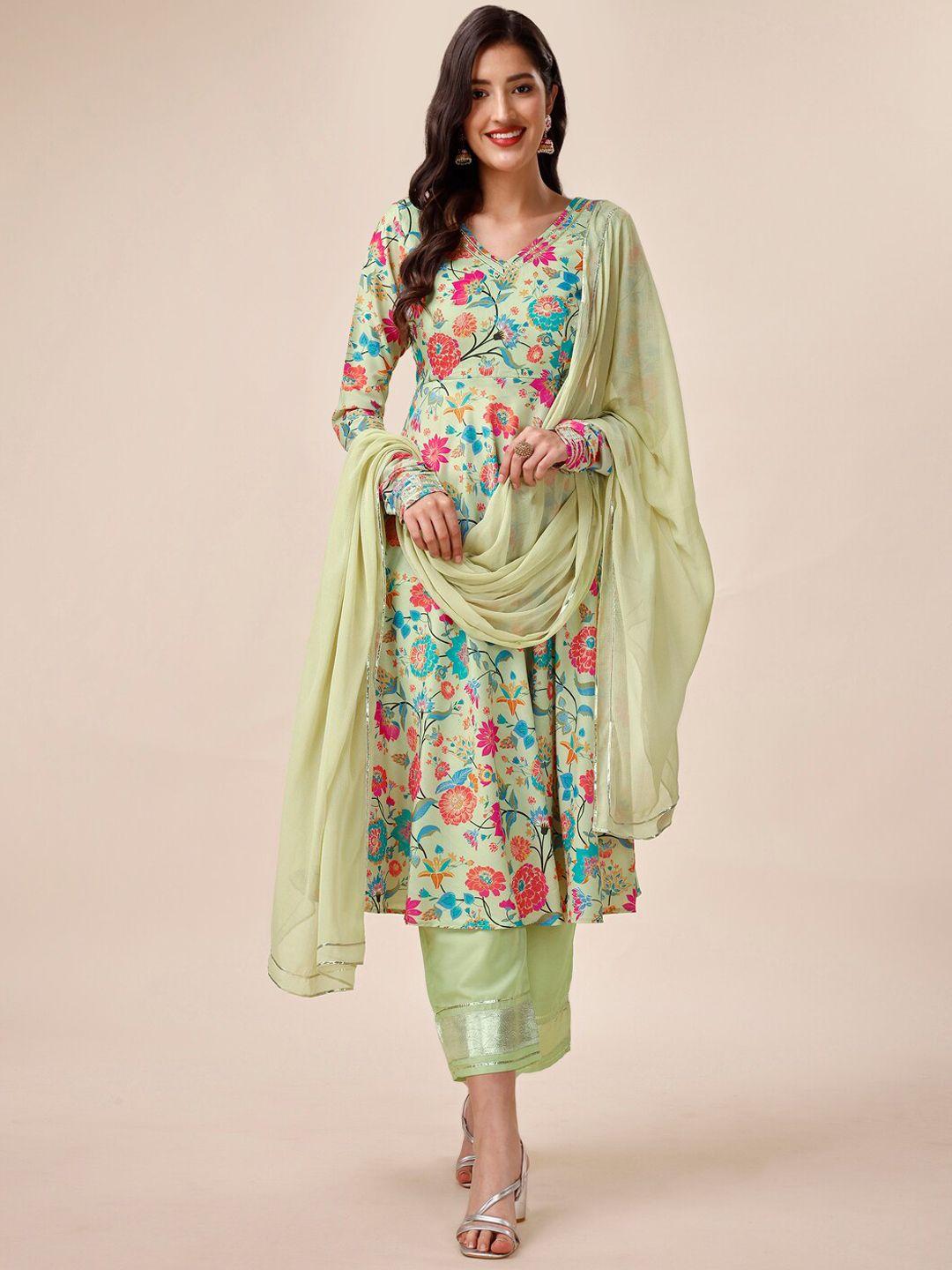 inddus floral printed v-neck kurta & trousers with dupatta