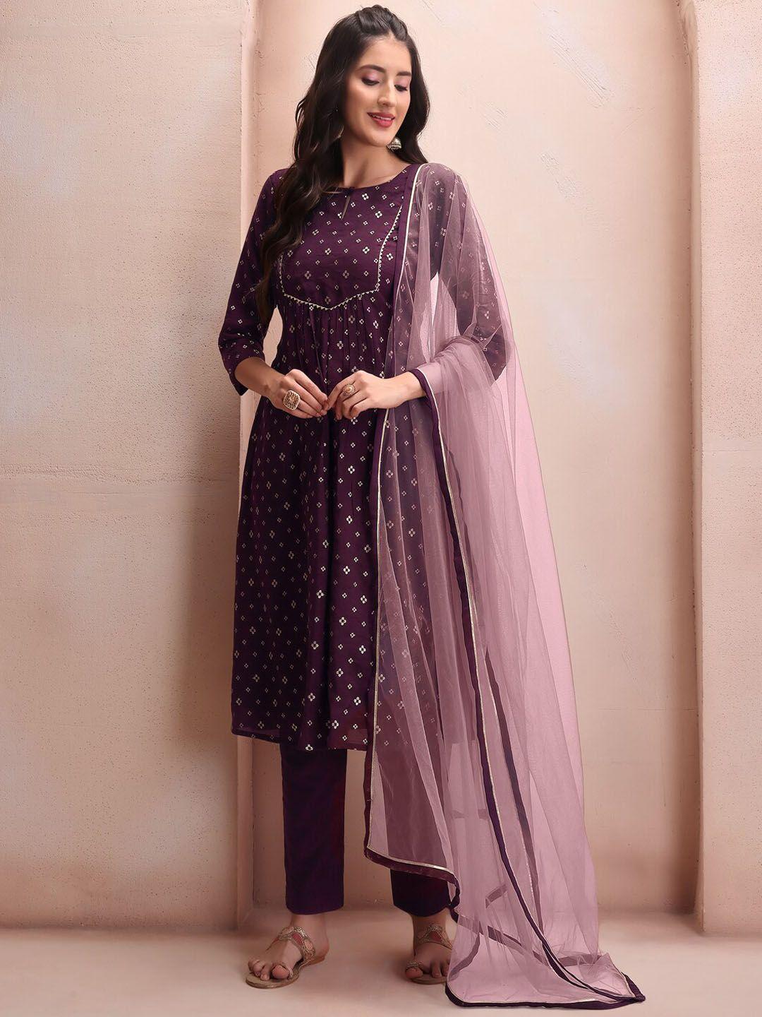 inddus mauve floral embroidered thread work chanderi cotton kurta set