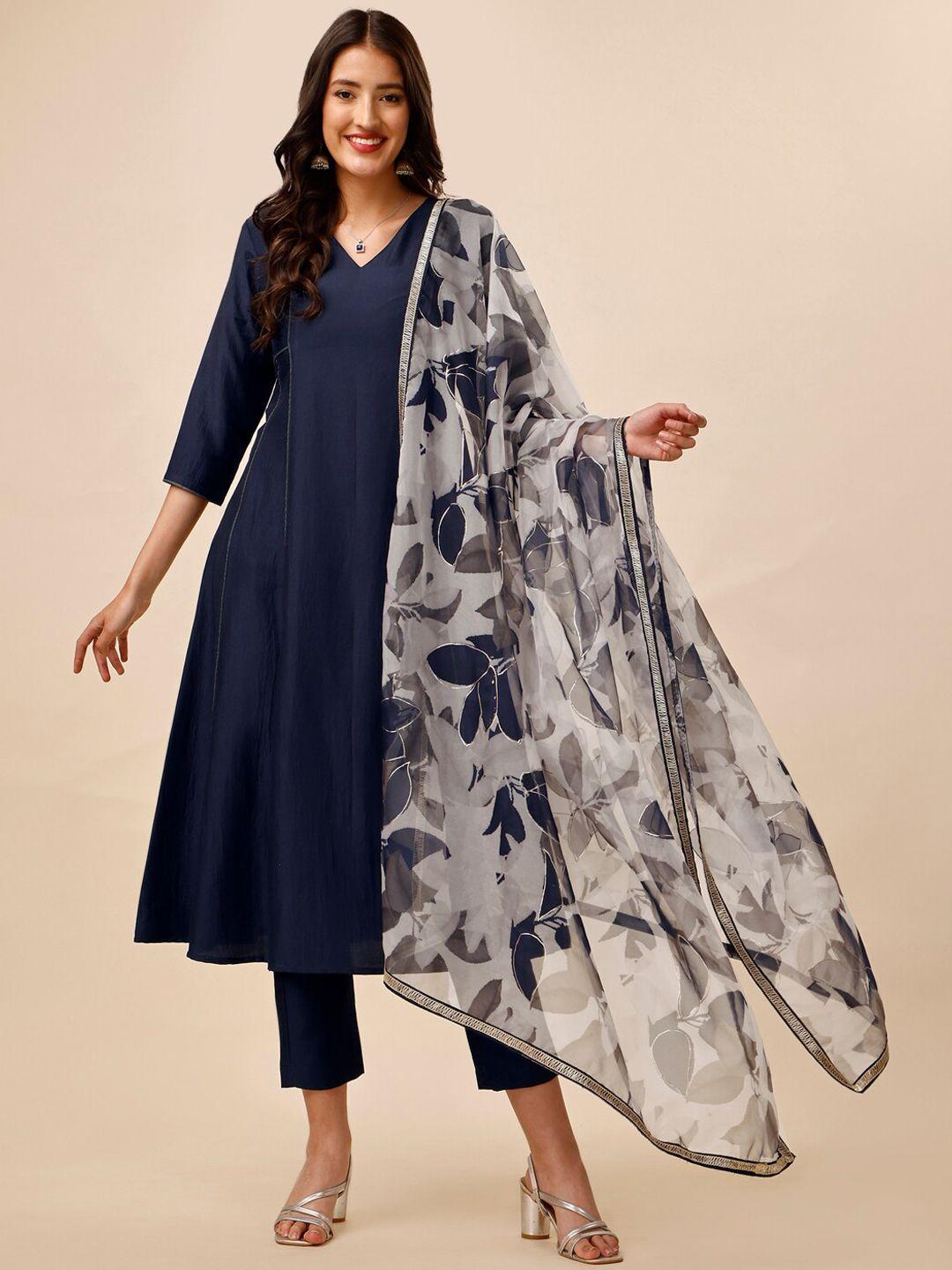 inddus navy blue & white v-neck a-line kurta with trousers & dupatta