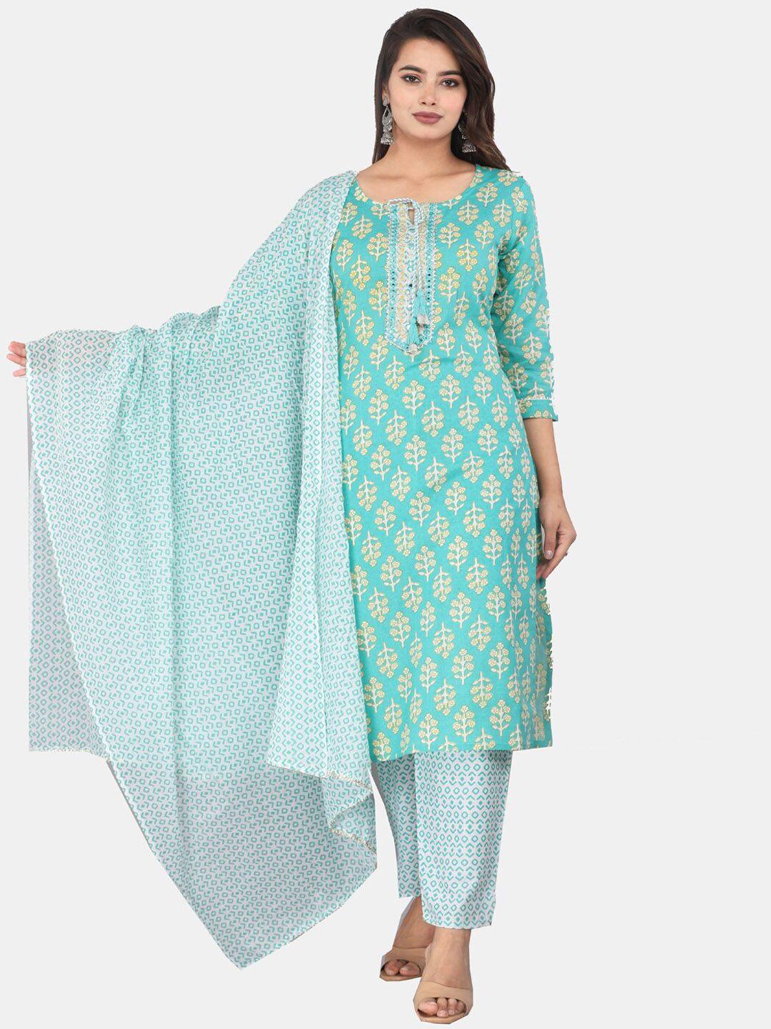 kalini floral printed regular mirror work pure cotton kurta with trousers & dupatta