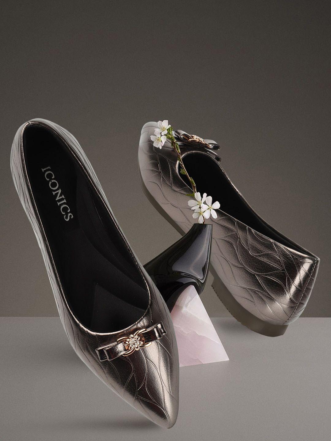 iconics textured bow detail pointed toe ballerinas