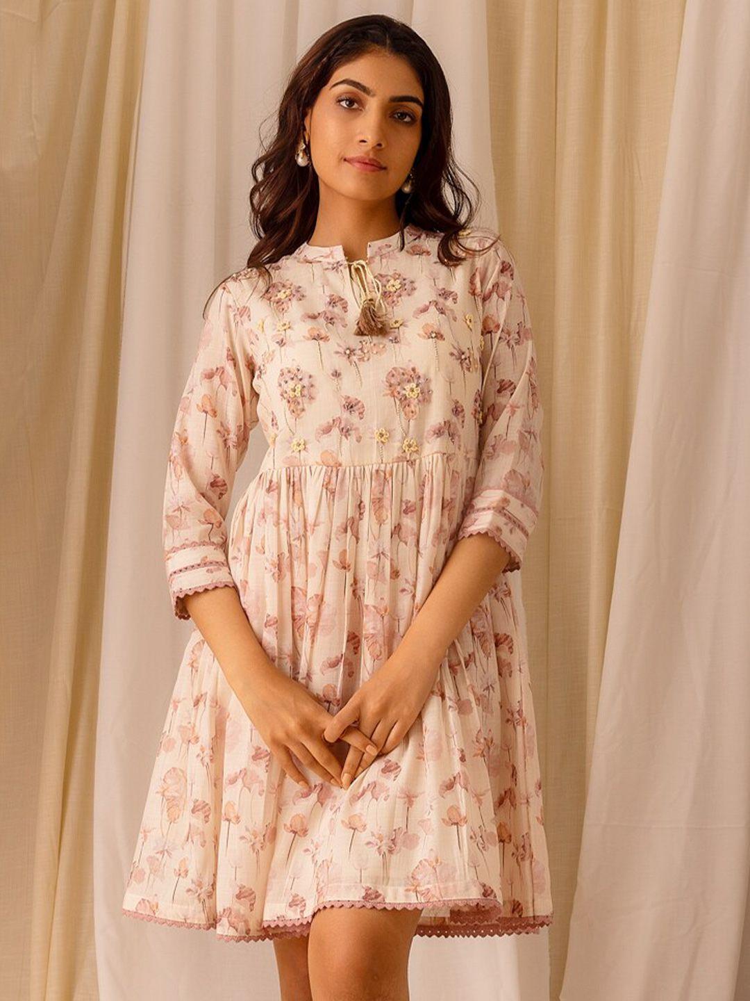 ishin floral printed mandarin collar embroidered linen a-line above knee length dress