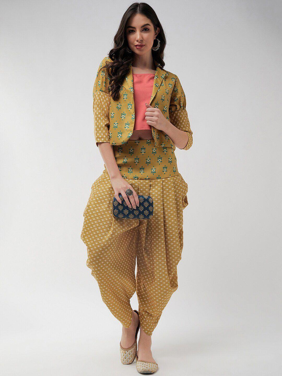 pannkh printed leg 'o' mutton sleeves jacket with top & dhoti pant co-ords