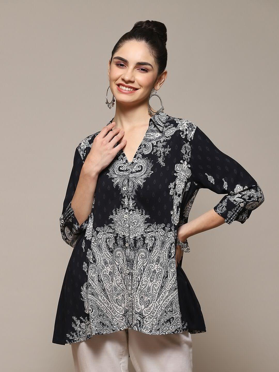 biba ethnic motifs printed roll-up sleeves casual shirt