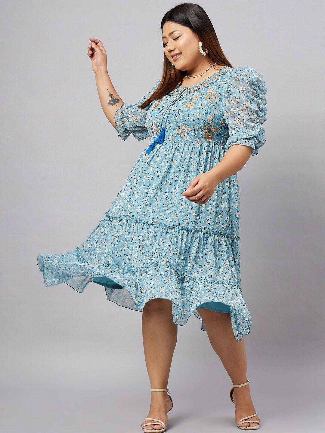 antheaa curve plus size floral printed puff sleeves fit & flare dress