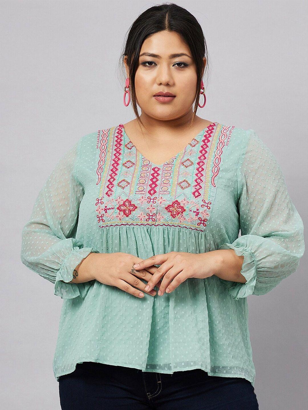 antheaa curve plus size embroidered v-neck a-line top