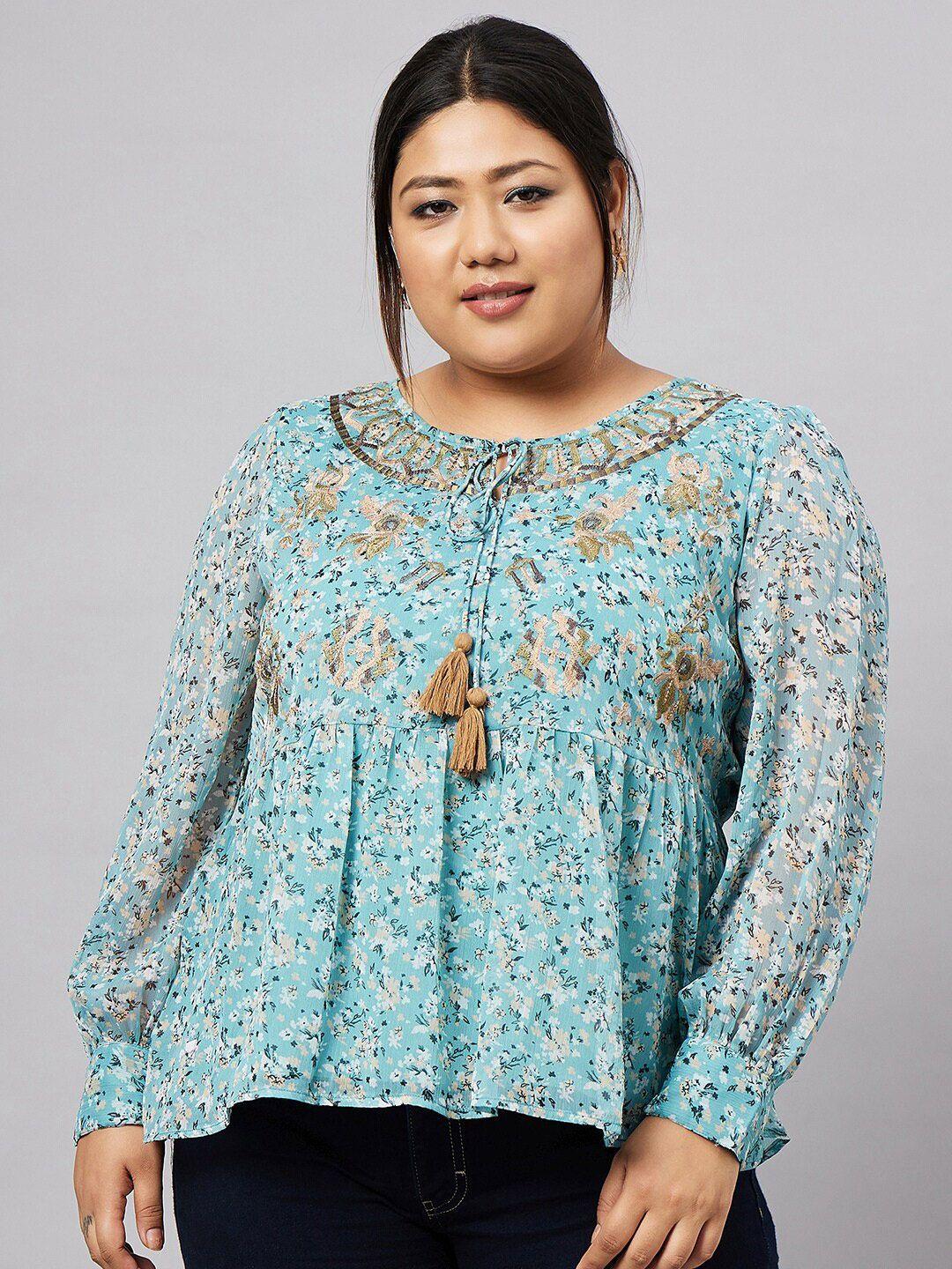 antheaa curve plus size floral printed tie-up neck empire top