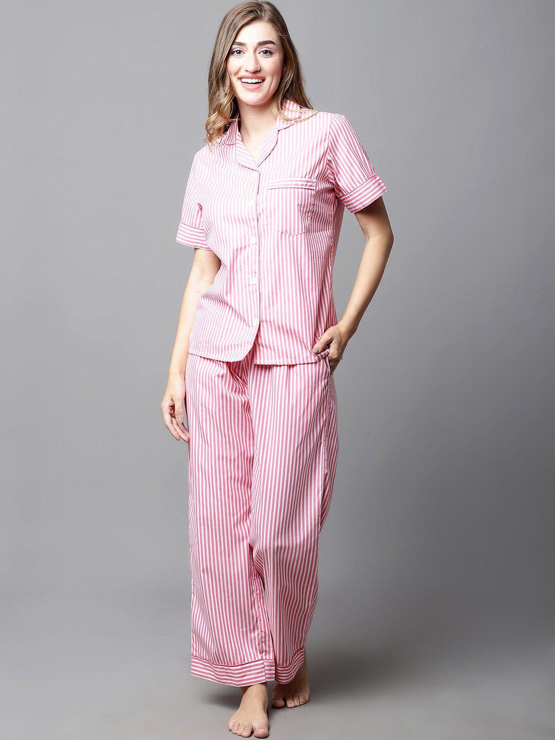 secret wish lapel collar striped pure cotton night suit