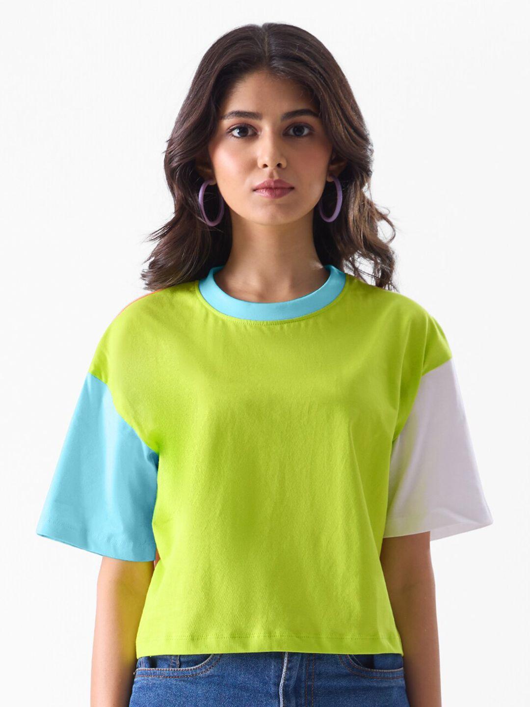 the souled store colourblocked cotton cropped oversized fit casual t-shirt