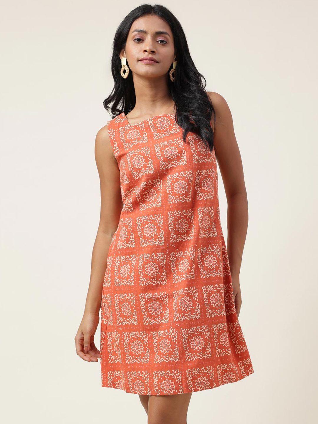 fabindia ethnic motifs printed square neck cotton a-line dress