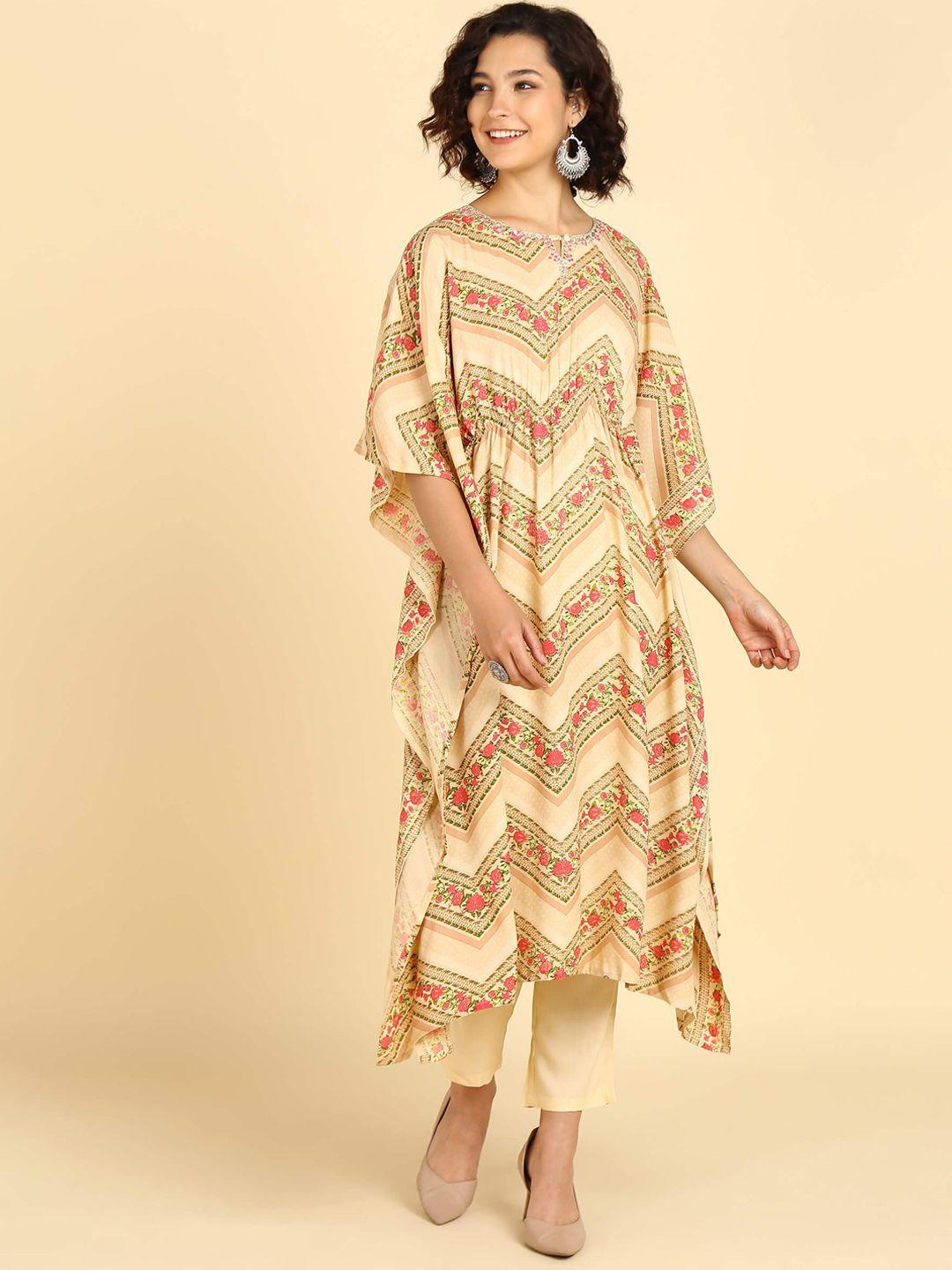 maaesa floral printed regular kaftan kurta with trousers