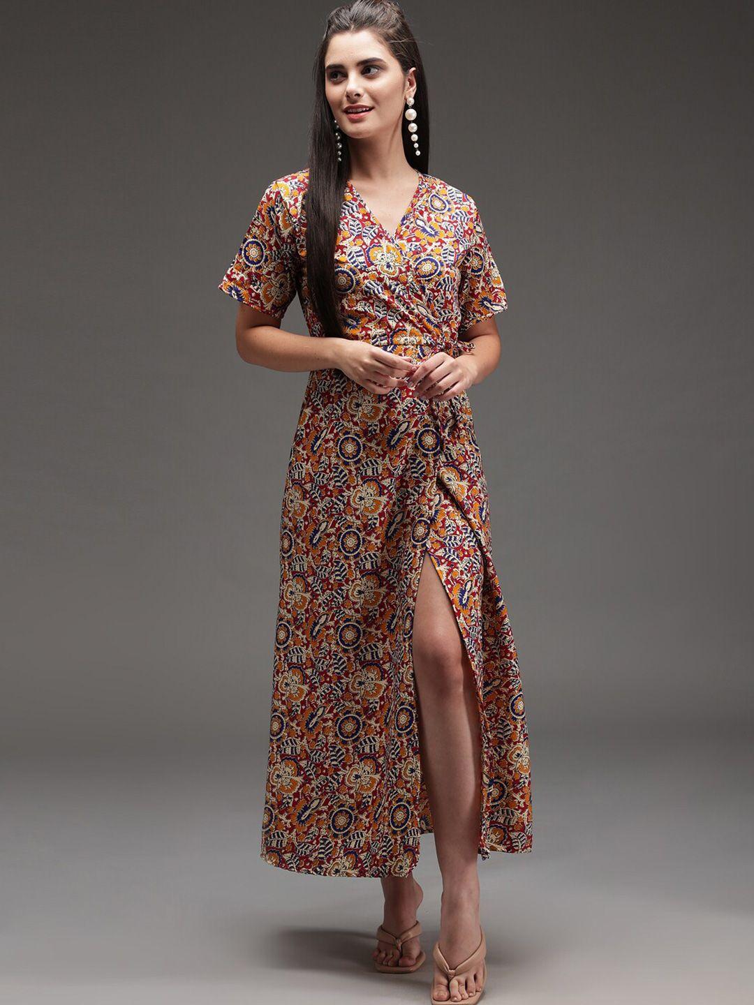 baesd ethnic motifs printed v-neck crepe wrap dress