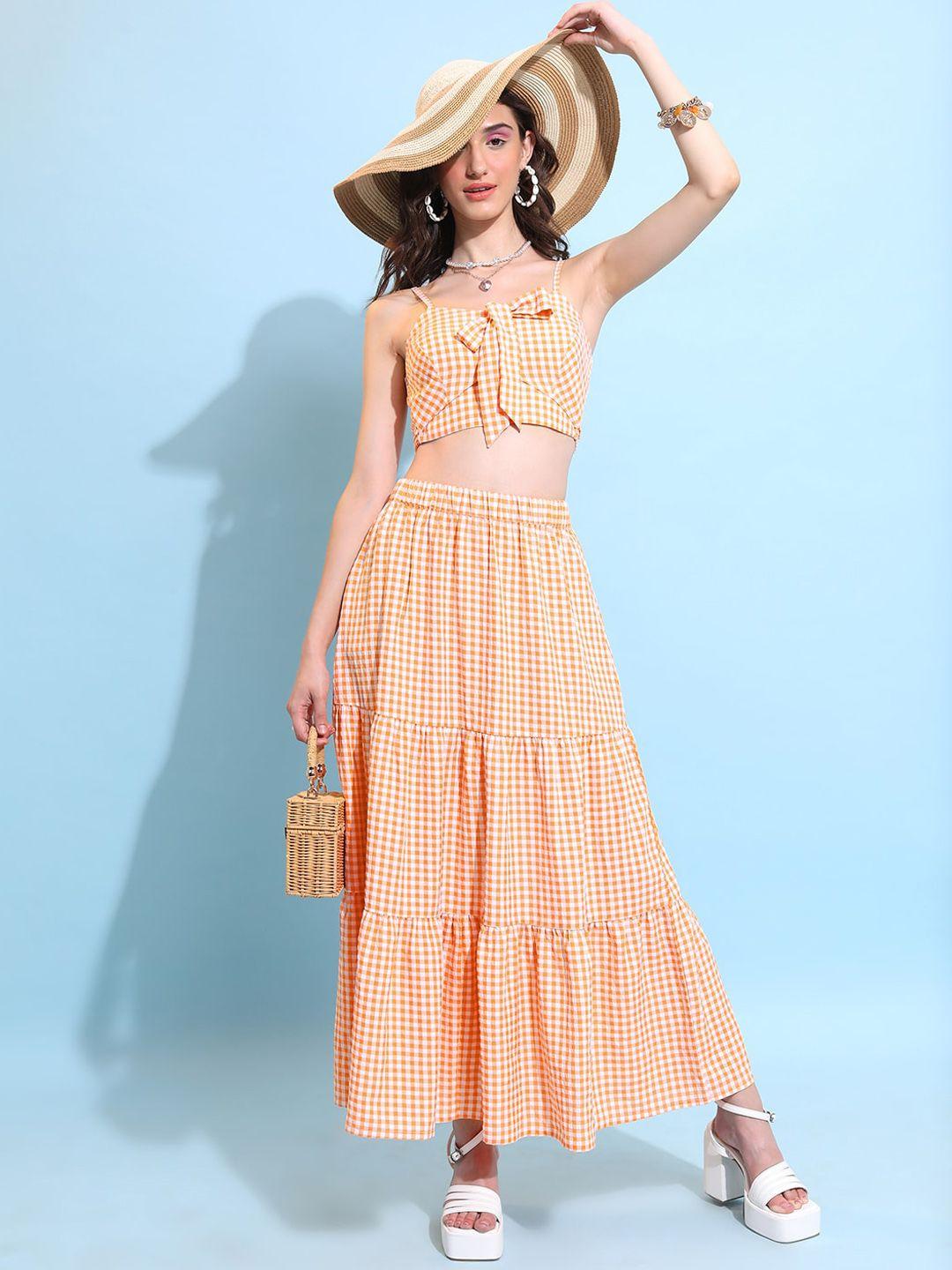 tokyo talkies orange checked crop top with skirt co-ords