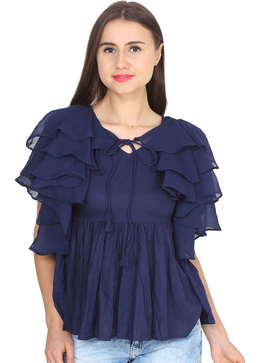 cation women navy blue ruffled empire top