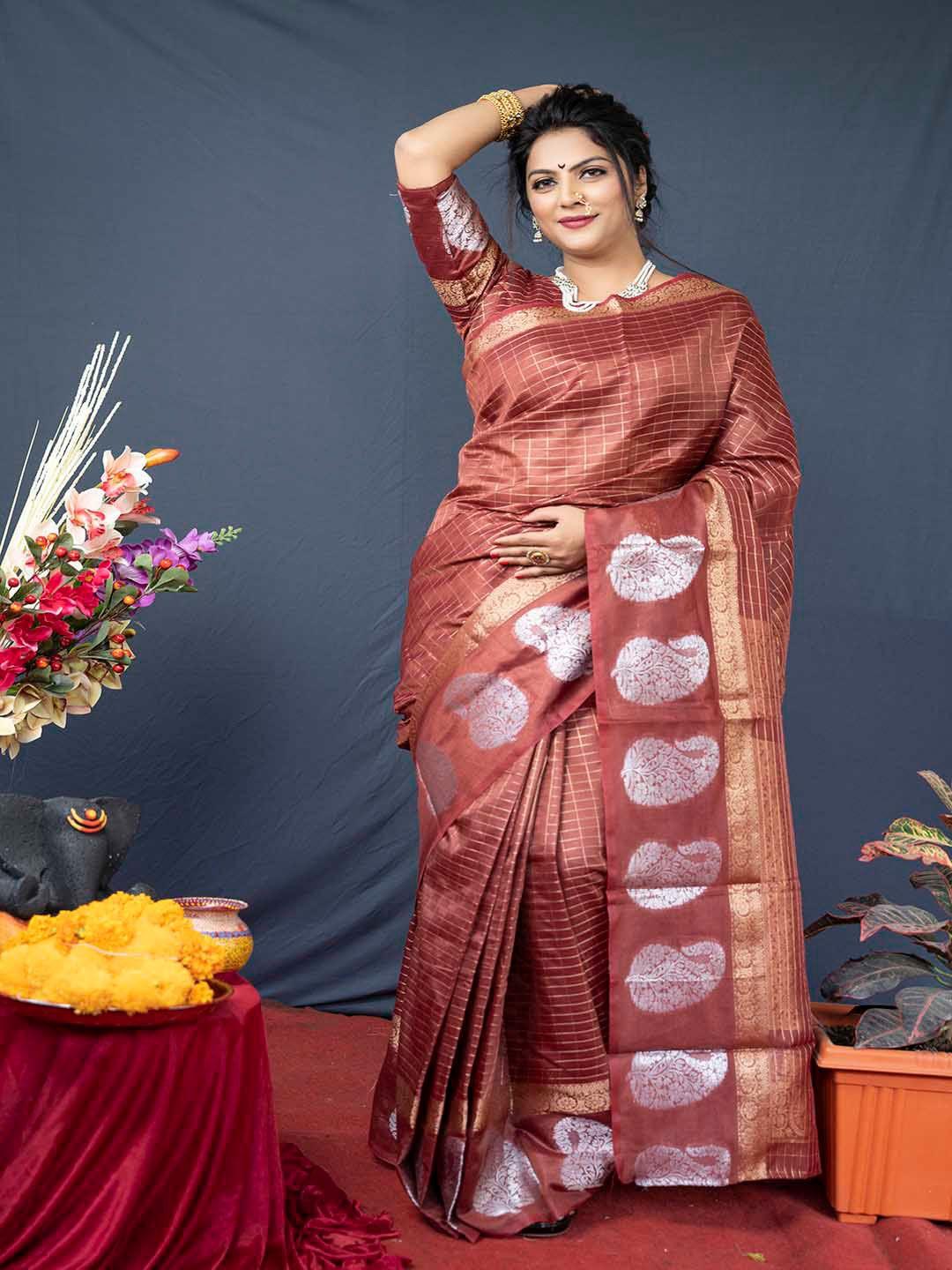 mitera maroon & gold-toned ethnic motifs woven design zari linen silk saree