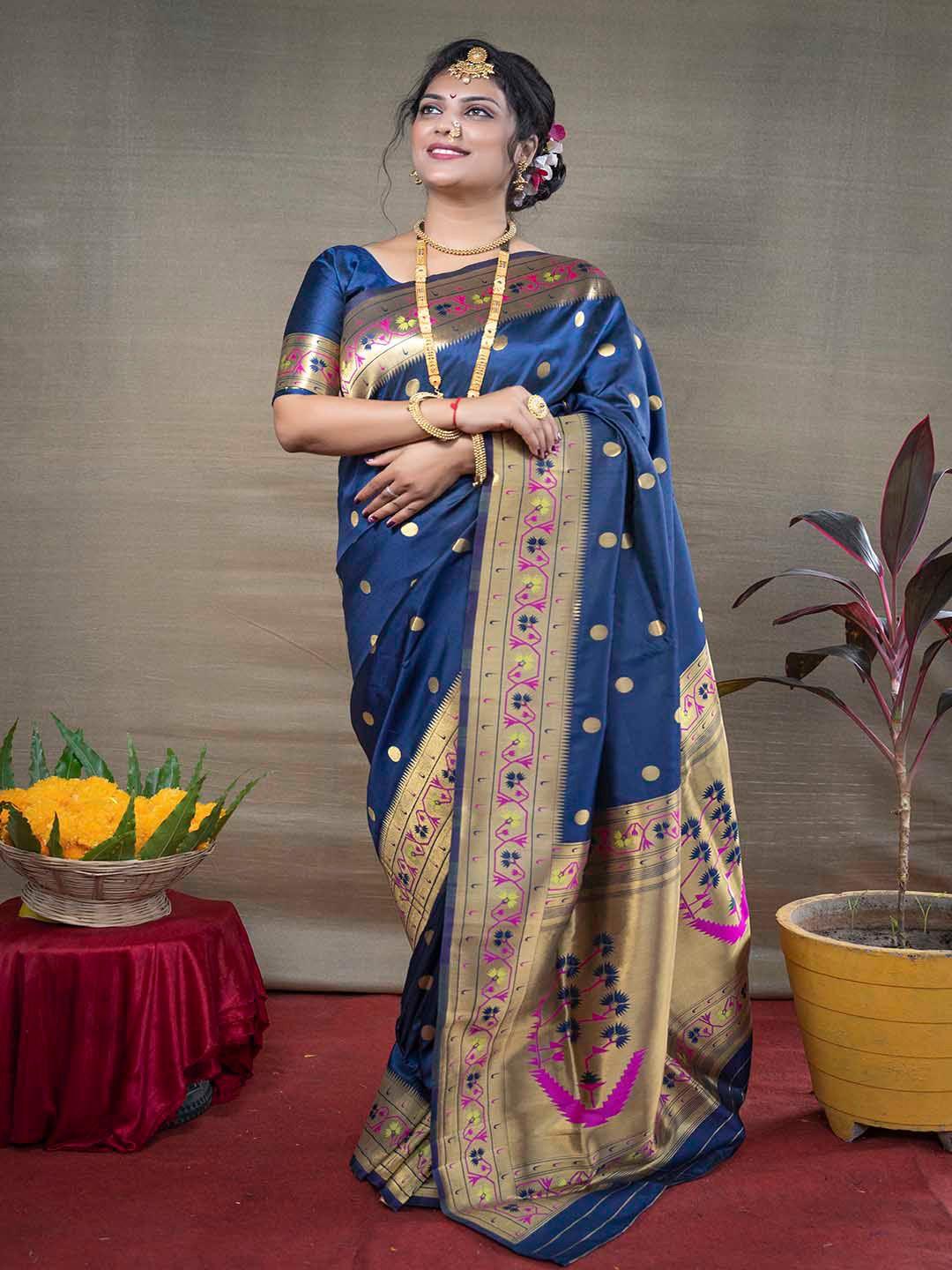 mitera blue & pink polka dots woven design zari paithani saree