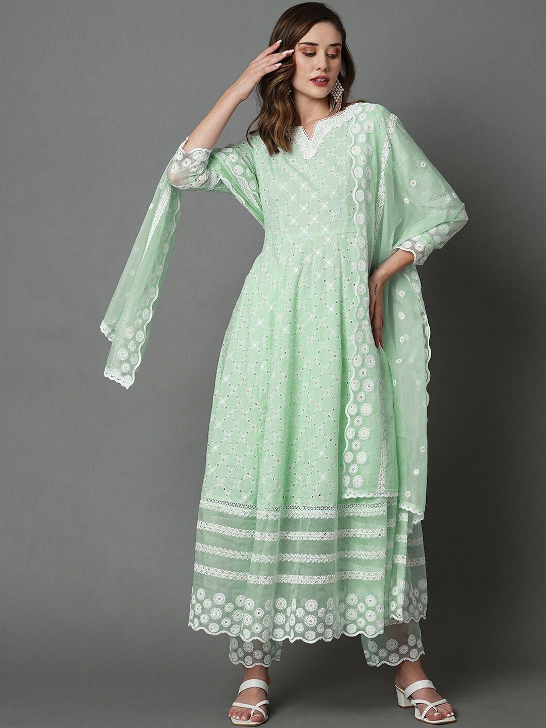 heeposh floral embroidered thread work pure cotton anarkali kurta & trousers with dupatta