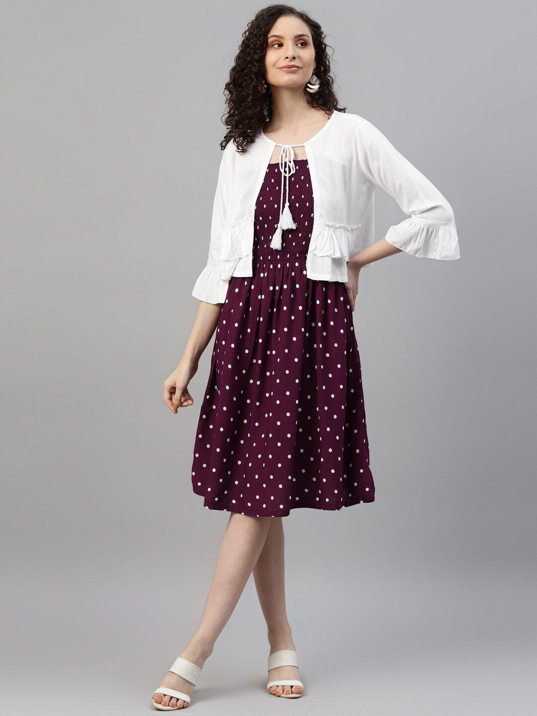 deebaco maroon polka dot print fit & flare dress