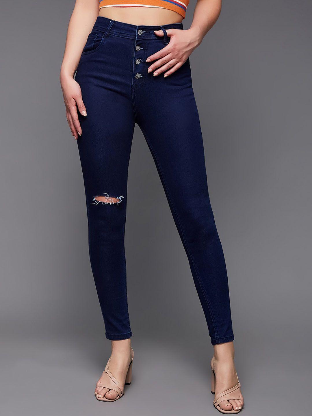 miss chase women navy blue high-rise skinny fit stretchable jeans