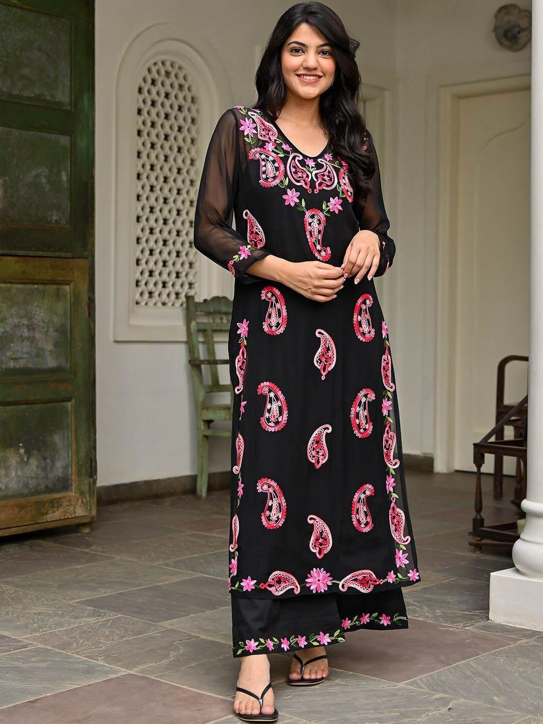 lavanya the label paisley embroidered regular thread work georgette kurta with palazzos