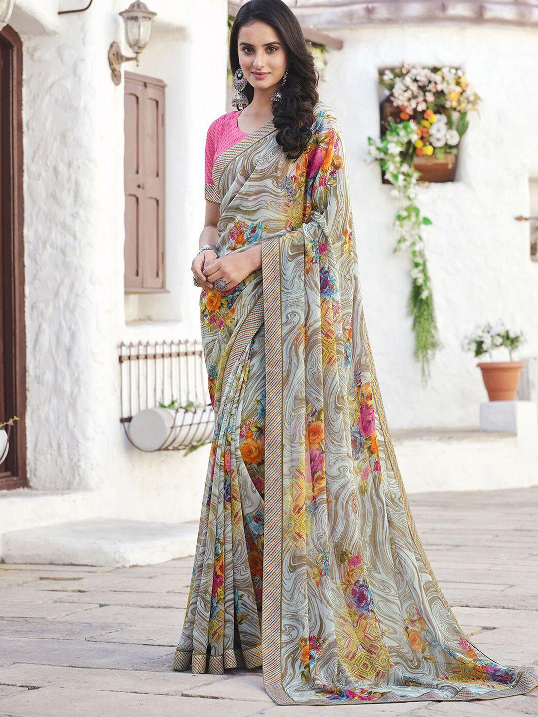 mitera grey & pink floral printed saree