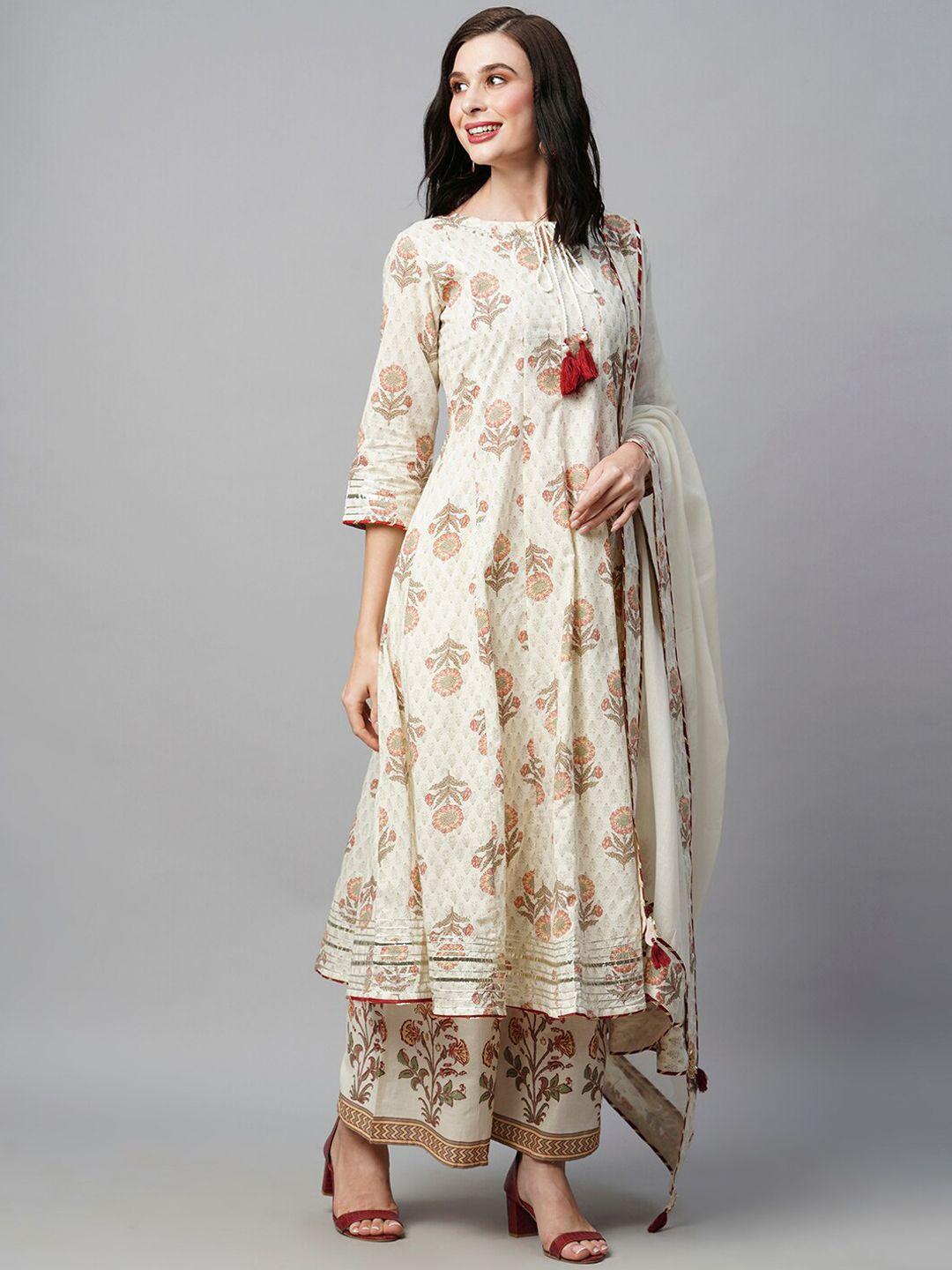 heeposh women cream-coloured floral printed empire gotta patti pure cotton kurta with palazzos & with dupatta