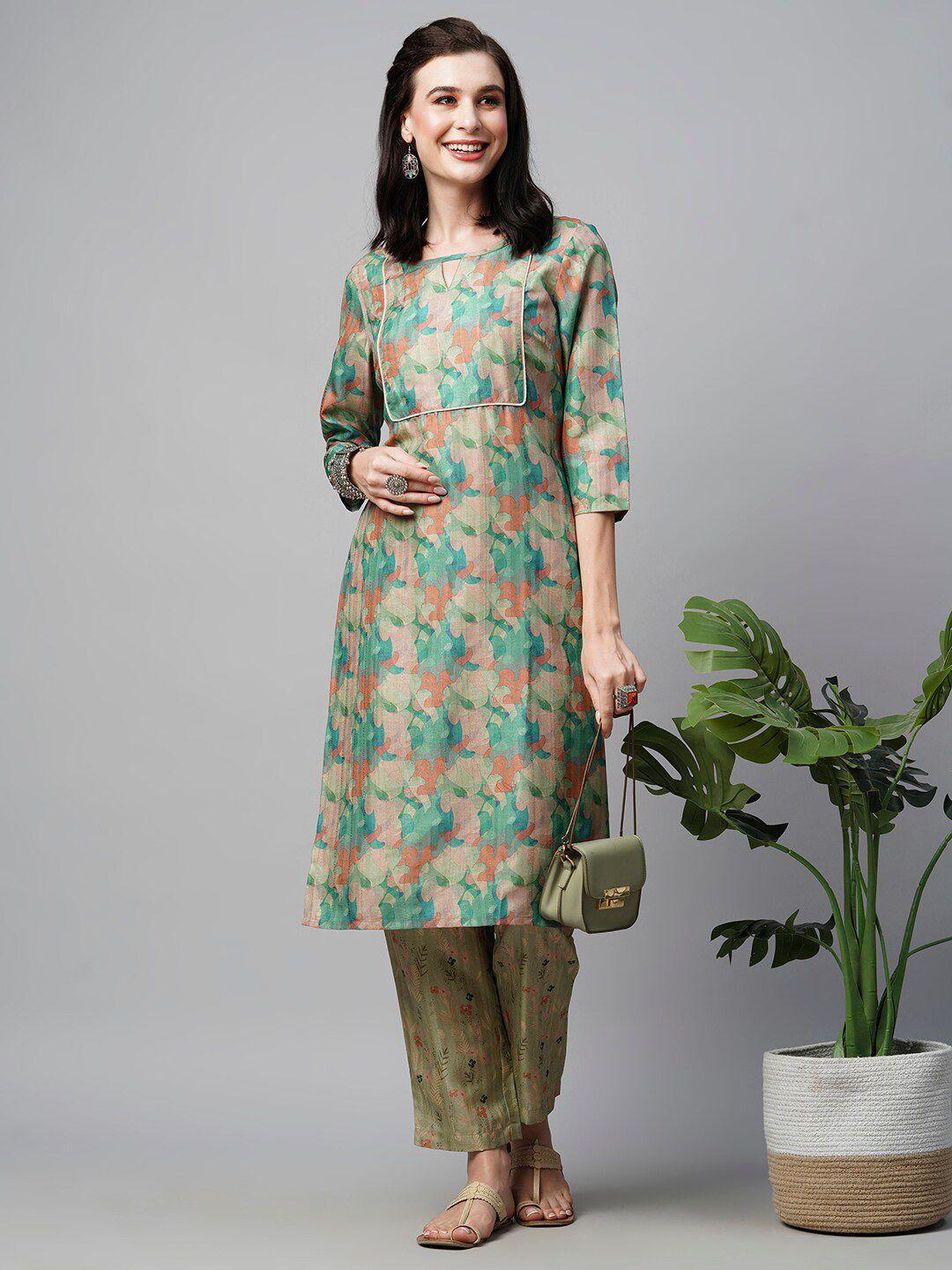 heeposh abstract printed straight jute silk kurta with trousers