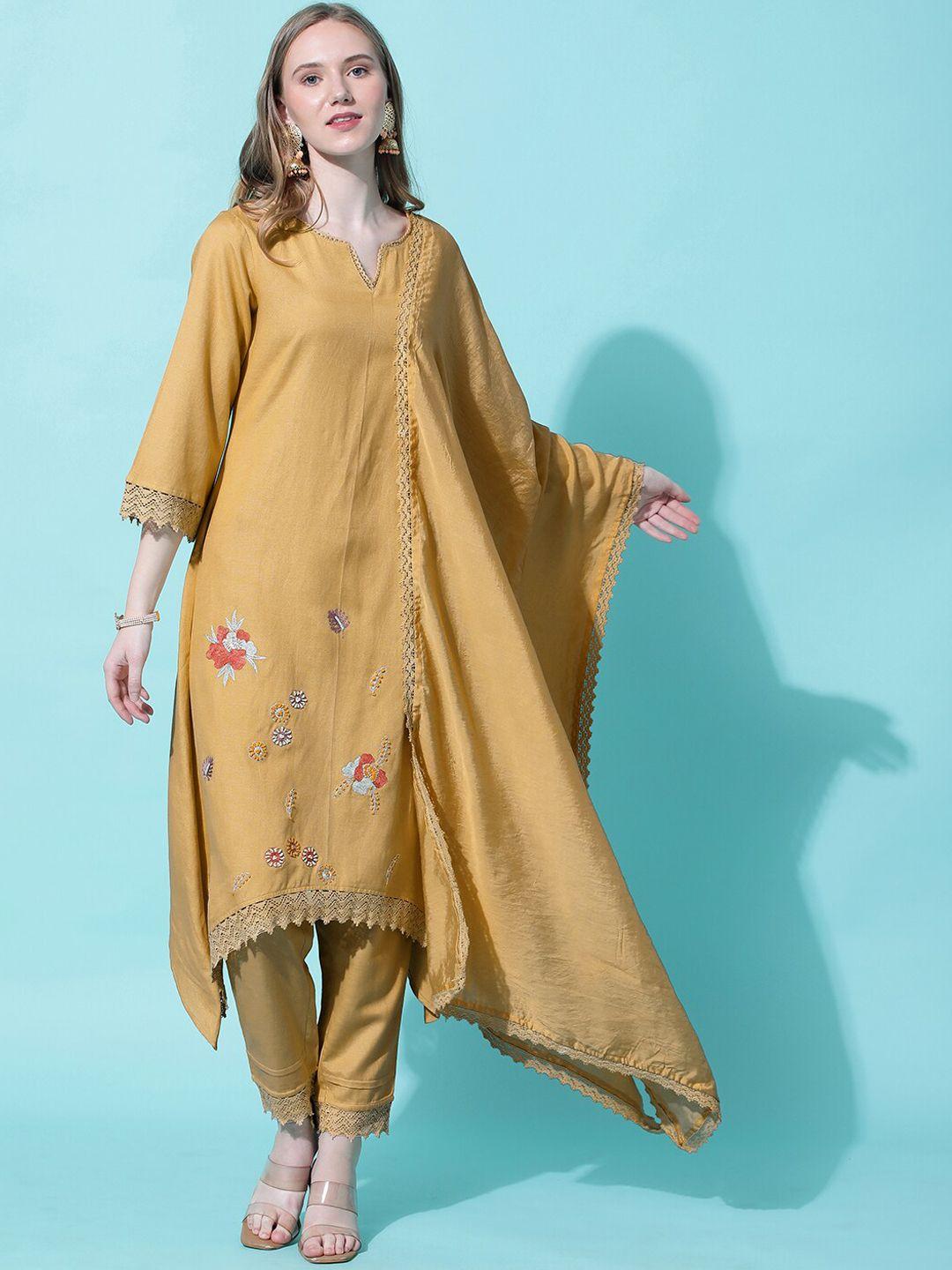 heeposh floral embroidered thread work asymmetric a-line kurta & trousers with dupatta