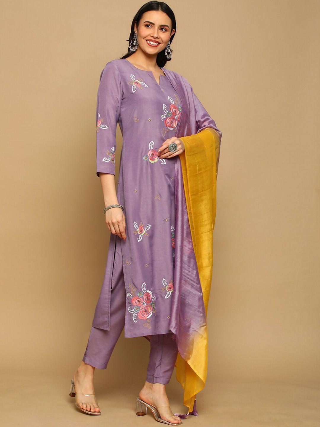 heeposh floral embroidered kurta with trousers & dupatta