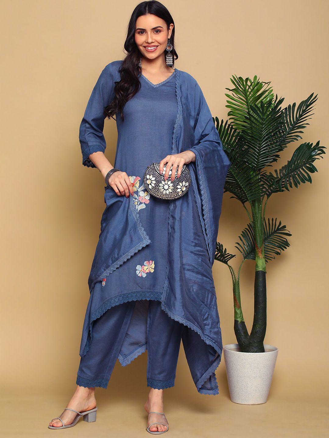 heeposh floral embroidered a-line kurta with trousers & dupatta