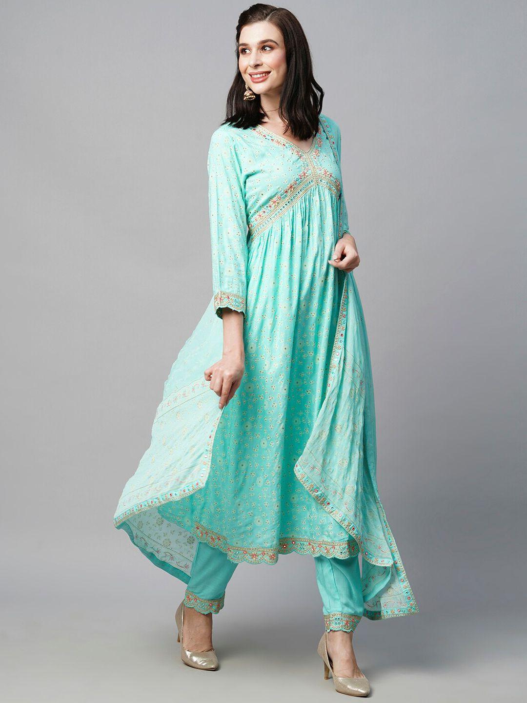 heeposh paisley printed empire thread work kurta with trousers & dupatta