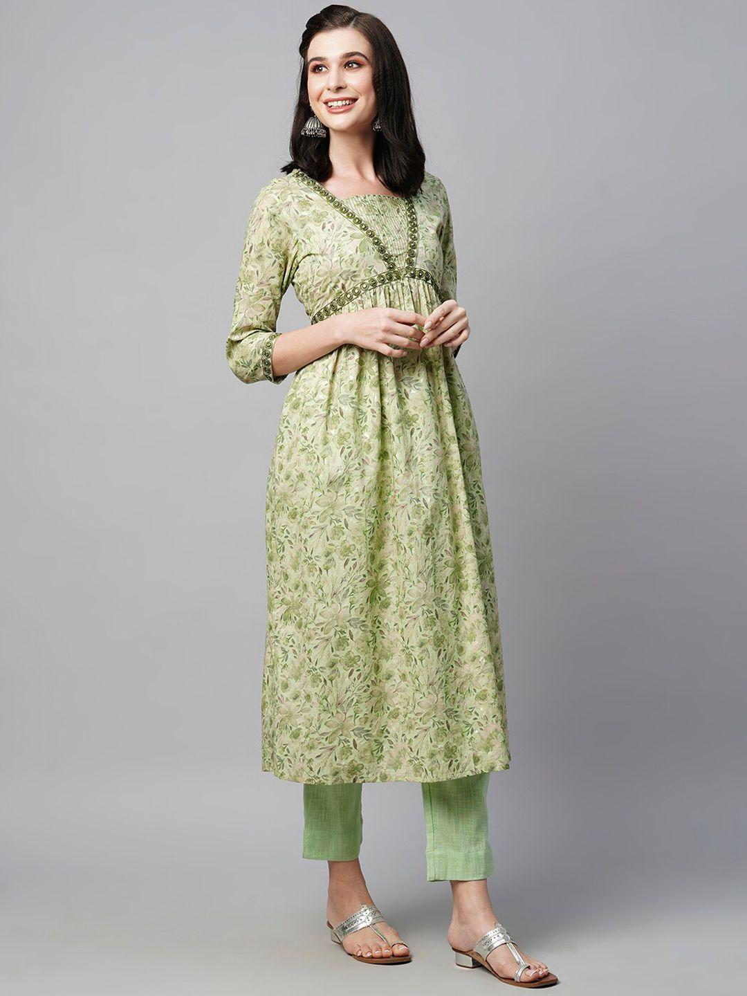 heeposh floral printed pleated kurta with trousers