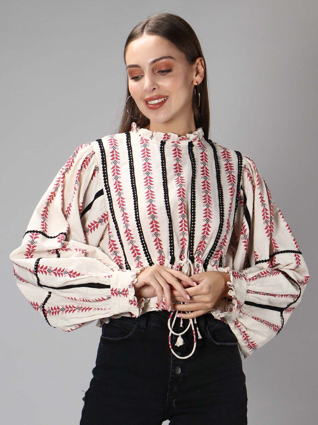 amagyaa geometric printed high neck puff sleeve pure cotton top